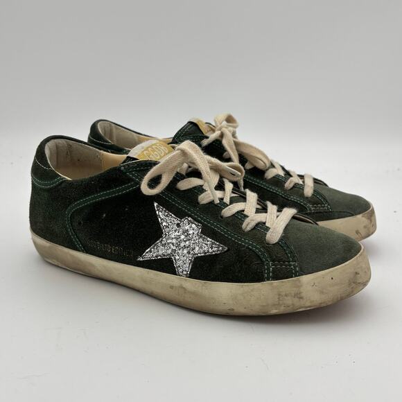 Golden Goose Superstar Ltd Edition Green Suede Glitter Star Sneakers 39